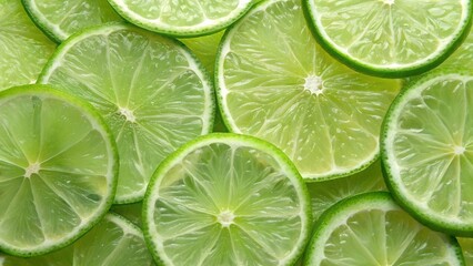 Fresh lime slices arranged in a vibrant pattern, juicy textures, glowing green, crisp natural details, refreshing and vivid summer vibe.