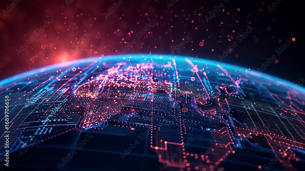 Poster digital earth: a digital representation of earth, illuminated with bright, dynamic circuits and surr