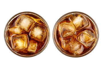 Two round glasses filled with amber-colored drink and ice cubes, top-down view