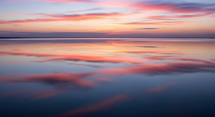 Tranquil Lake Reflecting a Pink and Purple Sunset Sky with Soft Clouds