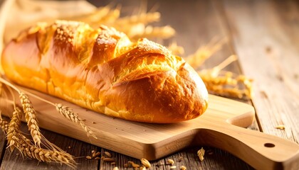 Freshly baked bread on a wooden board with wheat