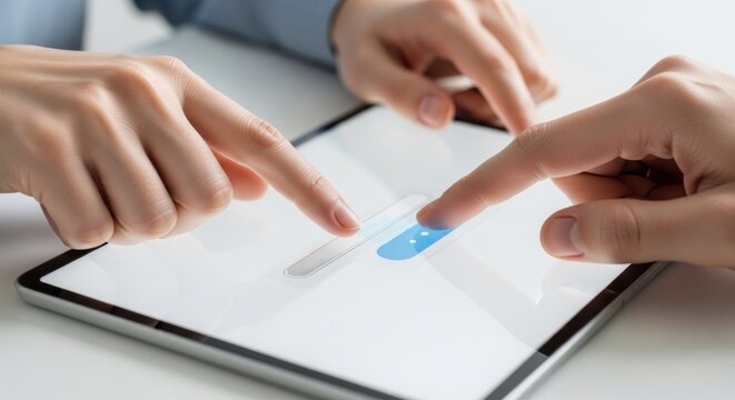 Two fingers interact with a digital tablet interface, swiping on a loading bar - Powered by Adobe