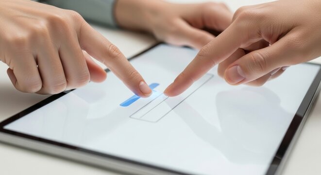 Two fingers interacting with a digital tablet interface, swiping a blue bar