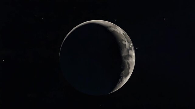 CGI Moon illuminated in night sky with visible craters and surface details