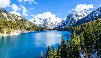 Aerial view of a serene alpine lake surrounded by evergreen forests and snow-capped mountains under a bright blue sky dotted with fluffy white clouds