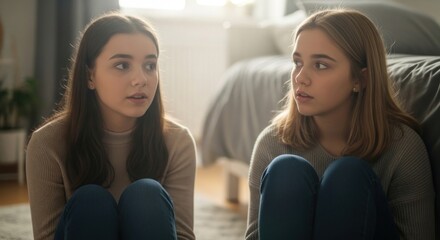 Two young women, seated indoors, share a serious conversation in a softly lit bedroom