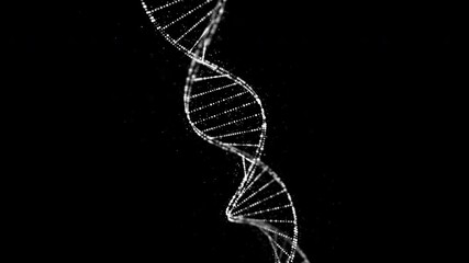 Seamless looping 3D animation of a rotating DNA double helix in clean white on a black background. Ideal for medical, biotech, science, and healthcare presentations.