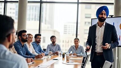A confident businessman with a turban giving a presentation to his colleagues in a modern office. - Powered by Adobe
