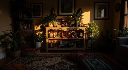 Warm sunlight illuminates a bohemian living room with plants and patterned cushions