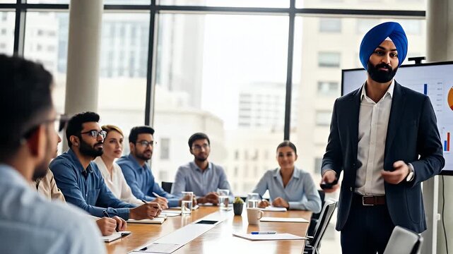 A confident businessman with a turban giving a presentation to his colleagues in a modern office.