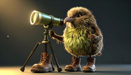 Bird Character Looking Through Telescope with Boots