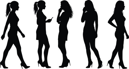 Silhouette of women in different poses, stylish female figure, high heels, walking and standing women, urban fashion concept, profile view, lifestyle illustration