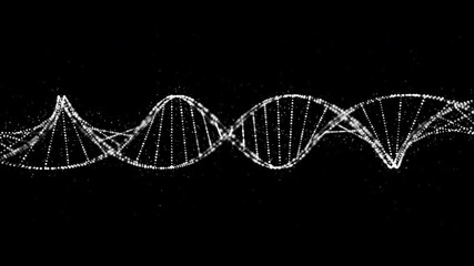 Seamless looping 3D animation of a rotating DNA double helix in clean white on a black background. Ideal for medical, biotech, science, and healthcare presentations.