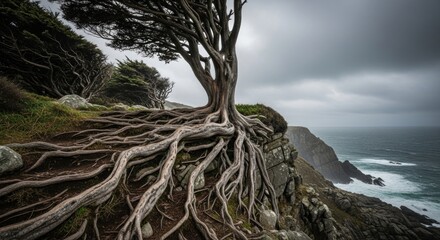 Fototapeta premium Windswept Tree Clings to Cliffside, Roots Exposed Against Moody Coastal Landscape