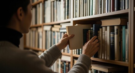 Woman selecting a book from a full bookshelf in a warm, inviting library setting