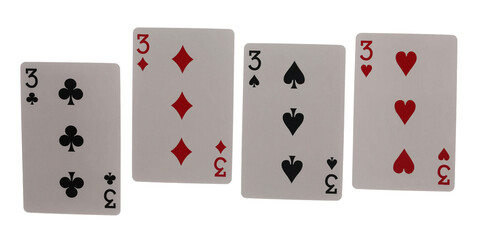 Playing cards for poker and gambling, set of threes isolated on white background with clipping path
