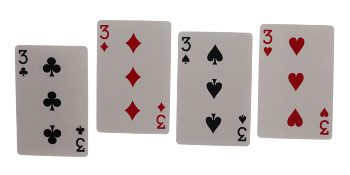 Playing cards for poker and gambling, set of threes isolated on white background with clipping path