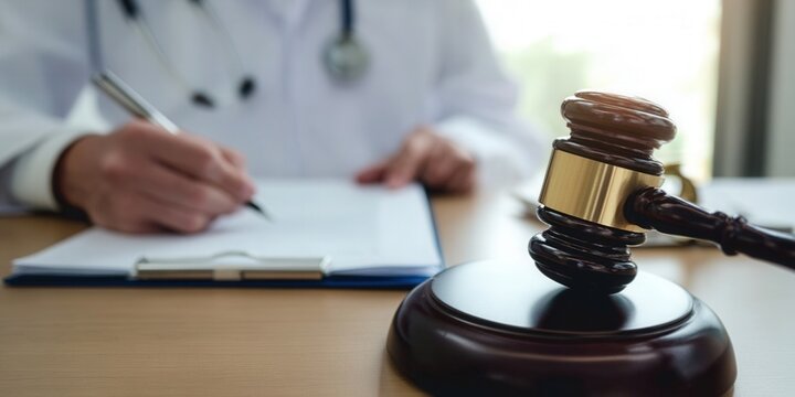 A gavel symbolizes medical law with a doctor working in the background