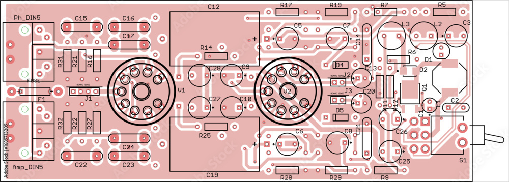 Poster vector printed circuit board of electronic device with components of radio elements, conductors and 