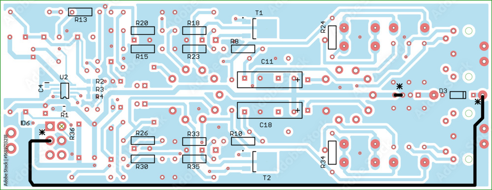 Poster vector printed circuit board of electronic device with components of radio elements, conductors and 