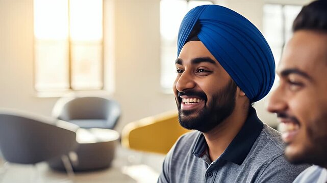 A happy young Indian man wearing a traditional blue Sikh turban smiling in a bright modern office