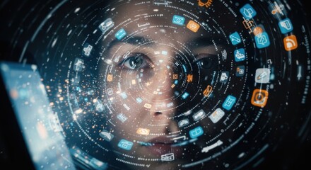 Woman's face surrounded by swirling digital icons, creating a futuristic, immersive technology concept