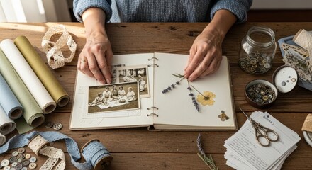 Woman's Hands Arranging Vintage Photos and Pressed Flowers in a Scrapbook on Rustic Wood Table