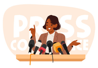 Woman politician or public speaker cartoon character giving speech talking in mic at tribune scene