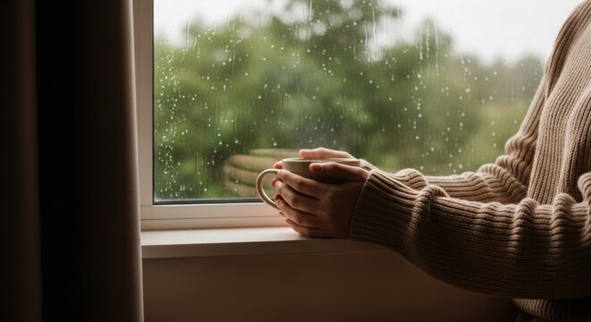 Woman's hands holding warm mug, gazing out rain-streaked window, cozy sweater