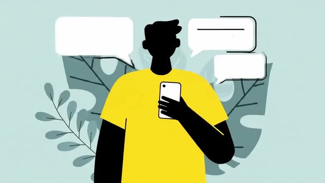 Minimal vector illustration of person in yellow shirt holding smartphone, floating speech bubbles, leaves in background