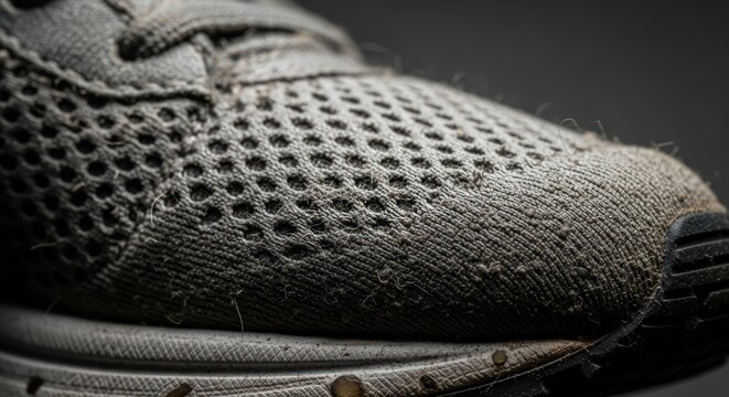 Worn athletic shoe with textured fabric and intricate mesh detailing, close-up view