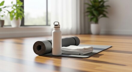 Obraz premium Yoga essentials: Mat, water bottle, and towel on a wooden floor in a bright room