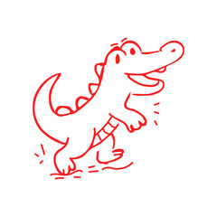 Red line drawing of a happy, cartoon crocodile on ice