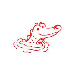 Simple red line drawing of a cartoon crocodile's head above water