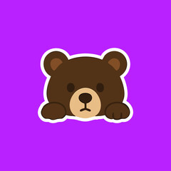 Cute brown bear face peeking out from a white frame on a vibrant purple background