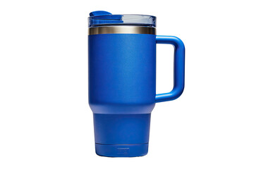 A vibrant cobalt blue tumbler with a handle and lid