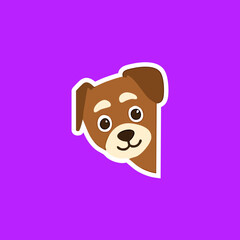 Cute cartoon dog head, brown fur, simple design, on vibrant purple background