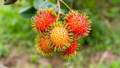 Red and yellow rambutans cluster on a branch, with blurred green foliage background