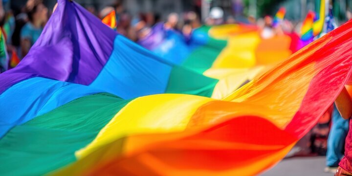 A rainbow flag waves in the wind during a vibrant pride parade or celebration, filled with joy.