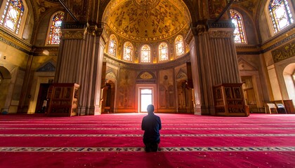 Person in prayer inside a large ornate mosque