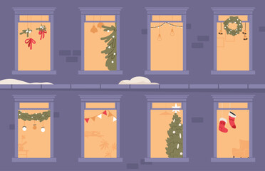 Christmas window frames of home building apartments with festive decorations and ornament scene