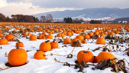 Orange pumpkins in snow-covered field
