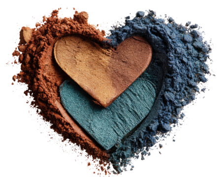 Two overlapping heart-shaped eyeshadows, nestled within a heart-shaped swirl of cosmetic powder.  Warm terracotta and cool teal hues.  Abstract, textured, and artistic