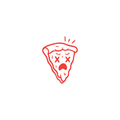 A red-outlined, cartoonish pizza slice, distressed and sad, with melting cheese and crossed-out eyes