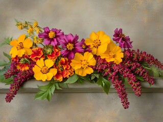 Fototapeta premium Vibrant Autumn Floral Arrangement Yellow Orange Purple Flowers Still Life