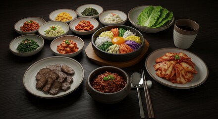 A beautifully arranged korean bibimbap meal with various side dishes on a dark surface setting view