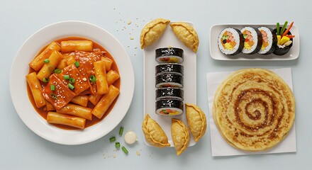 An overhead shot of tteokbokki, gyoza, kimbap, and a pancake on a white surface in natural light