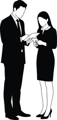 lhouette of business man and woman exchanging documents, professional people communication, corporate teamwork concept, formal attire office workers, business meeting vector illustration
