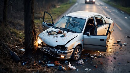 Car crash into tree on the side of road