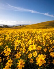 Fototapeta premium Vibrant yellow wildflowers cover a vast field under a clear sky